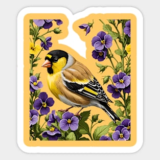 A New Jersey Eastern Goldfinch Surrounded By Common Violet Flowers 2 Sticker